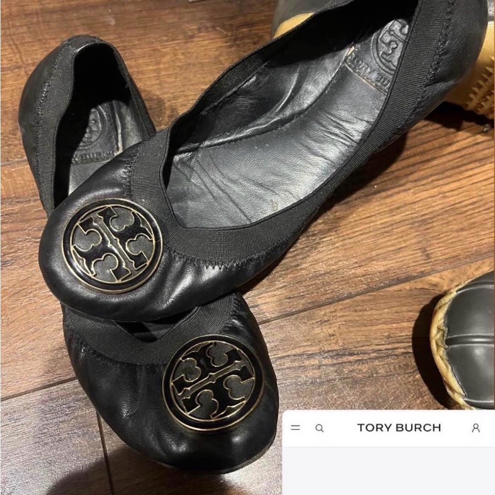 Tory Burch Black Flats with Gold Emblem